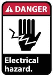 NMC - Accident Prevention Label, Header: DANGER - Legend: Danger - Electrical Hazard, English, Red, Black & White, 5" Long x 3" High, Sign Muscle Finish - Eagle Tool & Supply