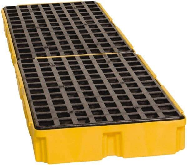 Eagle - 61 Gal Sump, 8,000 Lb Capacity, 4 Drum, Polyethylene Spill Deck or Pallet - 103-1/2" Long x 26-1/2" Wide x 6-1/2" High, Yellow, Drain Included, Low Profile, Vertical, Inline Drum Configuration - Eagle Tool & Supply