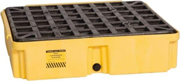 Eagle - 12 Gal Sump, 2,000 Lb Capacity, 1 Drum, Polyethylene Spill Deck or Pallet - 26-1/4" Long x 26" Wide x 6-1/2" High, Yellow, Drain Included, Low Profile, Vertical, Inline Drum Configuration - Eagle Tool & Supply