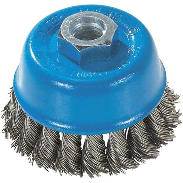 WALTER Surface Technologies - 3" Diam, 5/8-11 Threaded Arbor, Stainless Steel Fill Cup Brush - 0.015 Wire Diam, 12,000 Max RPM - Eagle Tool & Supply