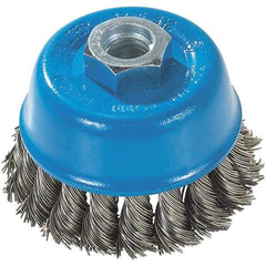 WALTER Surface Technologies - 3" Diam, 5/8-11 Threaded Arbor, Stainless Steel Fill Cup Brush - 0.015 Wire Diam, 12,000 Max RPM - Eagle Tool & Supply