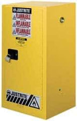 Justrite - 1 Door, 1 Shelf, Yellow Steel Space Saver Safety Cabinet for Flammable and Combustible Liquids - 44" High x 23-1/4" Wide x 18" Deep, Manual Closing Door, 15 Gal Capacity - Eagle Tool & Supply