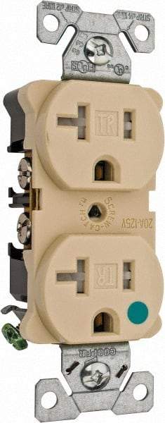 Cooper Wiring Devices - 125 VAC, 20 Amp, 5-20R NEMA Configuration, Ivory, Hospital Grade, Self Grounding Duplex Receptacle - 1 Phase, 2 Poles, 3 Wire, Flush Mount, Chemical, Impact and Tamper Resistant - Eagle Tool & Supply