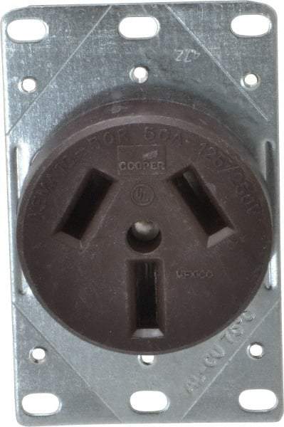 Cooper Wiring Devices - 125/250 VAC, 50 Amp, 10-50R NEMA Configuration, Brown, Specification Grade, Ungrounded Single Receptacle - 1 Phase, 3 Poles, 3 Wire, Flush Mount, Corrosion Resistant - Eagle Tool & Supply