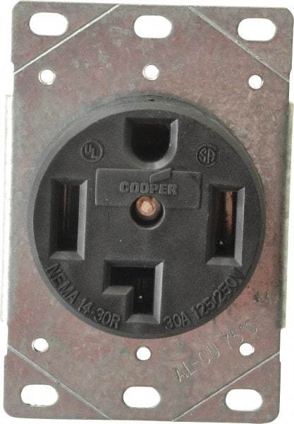 Cooper Wiring Devices - 125/250 VAC, 30 Amp, 14-30R NEMA Configuration, Black, Specification Grade, Ungrounded Single Receptacle - 1 Phase, 3 Poles, 3 Wire, Flush Mount, Corrosion Resistant - Eagle Tool & Supply