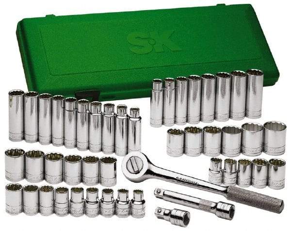 SK - 47 Piece 1/2" Drive Deep Well Socket Set - 6 Points, 1/2" to 1-1/2" (10mm to 24mm) Range, Inch/Metric Measurement Standard - Eagle Tool & Supply