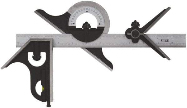 SPI - 4 Piece, 24" Combination Square Set - 1/100, 1/32, 1/50 & 1/64" (16R) Graduation, Hardened Steel Blade, Cast Iron Center, Protractor & Square Head - Eagle Tool & Supply