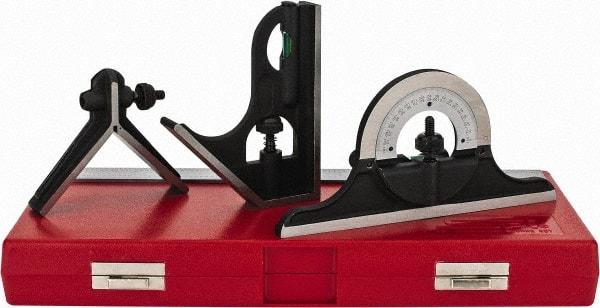 SPI - 4 Piece, 12" Combination Square Set - 1/16, 1/32, 1/64 & 1/8" (4R) Graduation, Hardened Steel Blade, Cast Iron Center, Protractor & Square Head - Eagle Tool & Supply