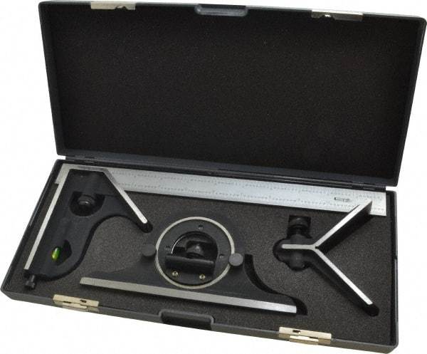 SPI - 4 Piece, 12" Combination Square Set - 1/32 & 1/64" (English/Metric) Graduation, Hardened Steel Blade, Cast Iron Center, Protractor & Square Head - Eagle Tool & Supply