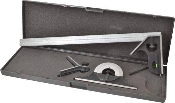 SPI - 4 Piece, 18" Combination Square Set - 1/100, 1/32, 1/50 & 1/64" (16R) Graduation, Hardened Steel Blade, Cast Iron Center, Protractor & Square Head - Eagle Tool & Supply