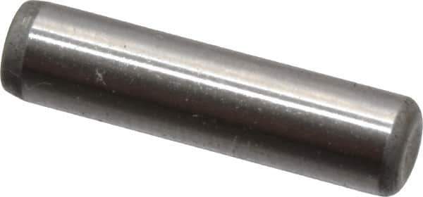 Made in USA - 1/8" Diam x 1/2" Pin Length Grade 8 Alloy Steel Standard Dowel Pin - Bright Finish, C 47-58 & C 60 (Surface) Hardness, 1,840 Lb (Single Shear), 3,680 Lb (Double Shear) Breaking Strength, 1 Beveled & 1 Rounded End - Eagle Tool & Supply