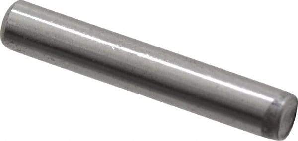 Made in USA - 1/8" Diam x 3/4" Pin Length Grade 8 Alloy Steel Standard Dowel Pin - Bright Finish, C 47-58 & C 60 (Surface) Hardness, 1,840 Lb (Single Shear), 3,680 Lb (Double Shear) Breaking Strength, 1 Beveled & 1 Rounded End - Eagle Tool & Supply