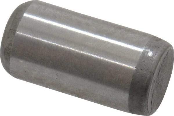 Made in USA - 1/4" Diam x 1/2" Pin Length Grade 8 Alloy Steel Standard Dowel Pin - Bright Finish, C 47-58 & C 60 (Surface) Hardness, 14,720 Lb (Double Shear), 7,360 Lb (Single Shear) Breaking Strength, 1 Beveled & 1 Rounded End - Eagle Tool & Supply