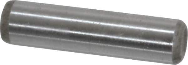 Made in USA - 1/4" Diam x 1" Pin Length Grade 8 Alloy Steel Standard Dowel Pin - Bright Finish, C 47-58 & C 60 (Surface) Hardness, 14,720 Lb (Double Shear), 7,360 Lb (Single Shear) Breaking Strength, 1 Beveled & 1 Rounded End - Eagle Tool & Supply