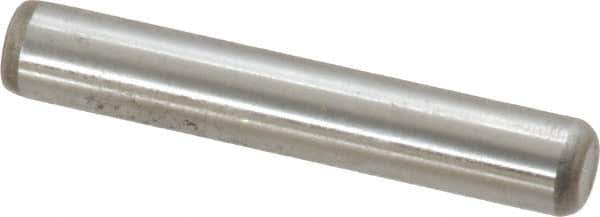 Made in USA - 1/4" Diam x 1-1/2" Pin Length Grade 8 Alloy Steel Standard Dowel Pin - Bright Finish, C 47-58 & C 60 (Surface) Hardness, 14,720 Lb (Double Shear), 7,360 Lb (Single Shear) Breaking Strength, 1 Beveled & 1 Rounded End - Eagle Tool & Supply