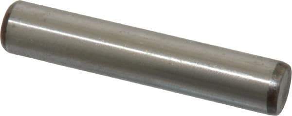 Made in USA - 3/8" Diam x 2" Pin Length Grade 8 Alloy Steel Standard Dowel Pin - Bright Finish, C 47-58 & C 60 (Surface) Hardness, 16,550 Lb (Single Shear), 33,100 Lb (Double Shear) Breaking Strength, 1 Beveled & 1 Rounded End - Eagle Tool & Supply