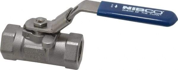 NIBCO - 1/2" Pipe, Reduced Port, Stainless Steel Standard Ball Valve - 1 Piece, Inline - One Way Flow, FNPT x FNPT Ends, Locking Lever Handle, 2,000 WOG - Eagle Tool & Supply