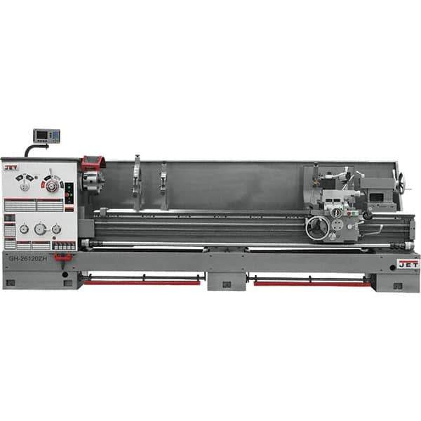 Jet - 26" Swing, 120" Between Centers, 230 Volt, Triple Phase Engine Lathe - 6MT Taper, 10 hp, 40 to 1,800 RPM, 4-1/8" Bore Diam, 43" Deep x 57" High x 177" Long - Eagle Tool & Supply