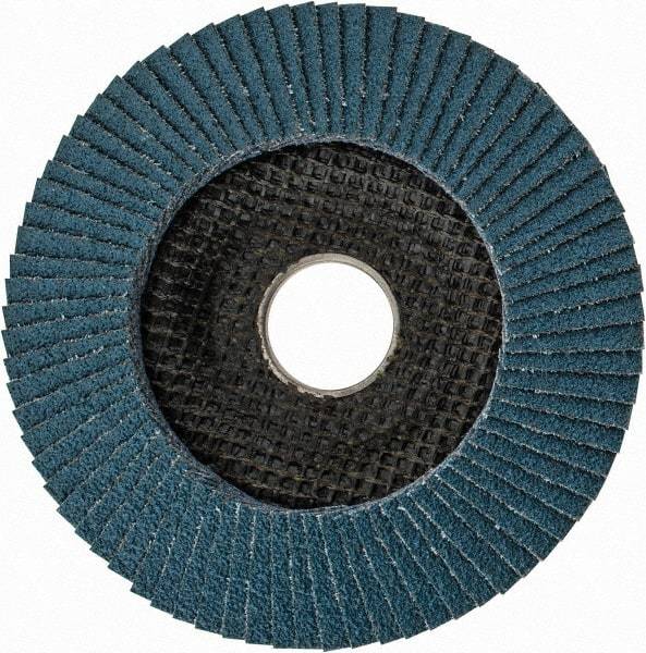 DeWALT - 60 Grit, 4-1/2" Disc Diam, 7/8" Center Hole, Type 29 Zirconia Alumina Flap Disc - 13,300 Max RPM, Poly Cotton Backing, Arbor Attaching System, Coated - Eagle Tool & Supply