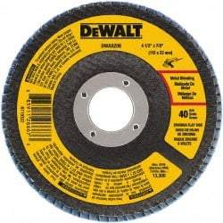 DeWALT - 40 Grit, 4-1/2" Disc Diam, 7/8" Center Hole, Type 29 Zirconia Alumina Flap Disc - 13,300 Max RPM, Poly Cotton Backing, Arbor Attaching System, Coated - Eagle Tool & Supply