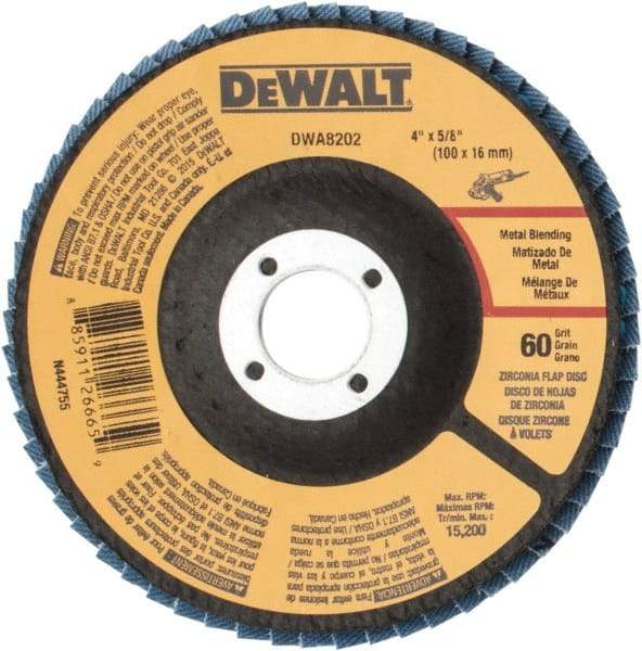 DeWALT - 60 Grit, 4" Disc Diam, 5/8" Center Hole, Type 29 Zirconia Alumina Flap Disc - 15,200 Max RPM, Poly Cotton Backing, Arbor Attaching System, Coated - Eagle Tool & Supply