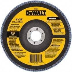 DeWALT - 60 Grit, 6" Disc Diam, 7/8" Center Hole, Type 29 Zirconia Alumina Flap Disc - 10,100 Max RPM, Poly Cotton Backing, Arbor Attaching System, Coated - Eagle Tool & Supply