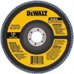 DeWALT - 120 Grit, 5" Disc Diam, 7/8" Center Hole, Type 27 Zirconia Alumina Flap Disc - 12,200 Max RPM, Poly Cotton Backing, Arbor Attaching System, Coated - Eagle Tool & Supply