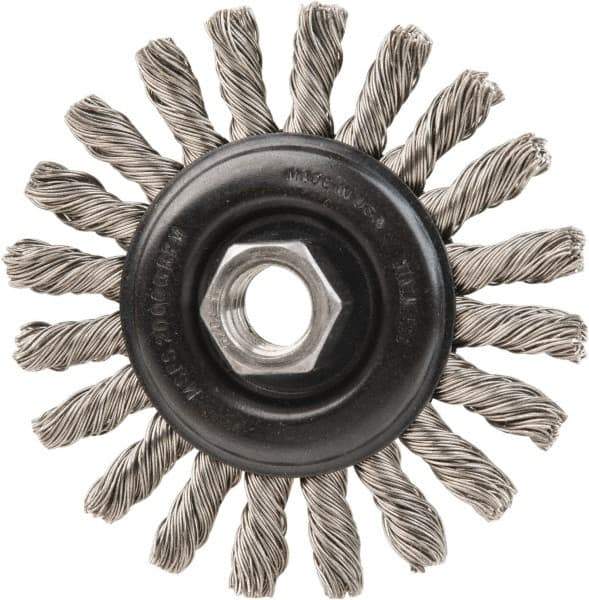 DeWALT - 4" OD, 5/8-11 Arbor Hole, Knotted Stainless Steel Wheel Brush - 3/8" Face Width, 7/8" Trim Length, 0.02" Filament Diam, 20,000 RPM - Eagle Tool & Supply