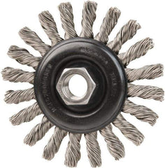 DeWALT - 4" OD, 5/8-11 Arbor Hole, Knotted Stainless Steel Wheel Brush - 3/8" Face Width, 7/8" Trim Length, 0.02" Filament Diam, 20,000 RPM - Eagle Tool & Supply