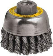 DeWALT - 3" Diam, M10x1.25 Threaded Arbor, Steel Fill Cup Brush - 0.02 Wire Diam, 7/8" Trim Length, 14,000 Max RPM - Eagle Tool & Supply