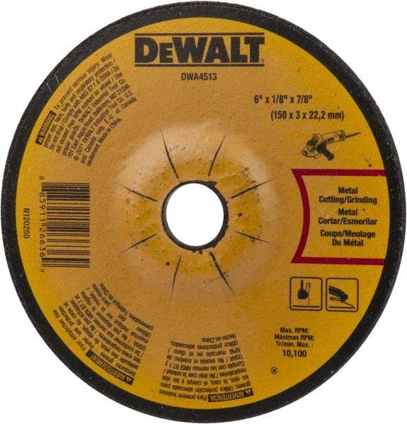 DeWALT - 24 Grit, 6" Wheel Diam, 1/8" Wheel Thickness, 7/8" Arbor Hole, Type 27 Depressed Center Wheel - Aluminum Oxide, Diamond Matrix Bond, 10,100 Max RPM, Compatible with Angle Grinder - Eagle Tool & Supply