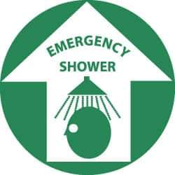 NMC - Emergency Shower, Anti-Skid Pressure-Sensitive Vinyl Floor Sign - Round, Green on White, Adhesive Backed, For First Aid - Eagle Tool & Supply