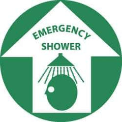 NMC - Emergency Shower, Anti-Skid Pressure-Sensitive Vinyl Floor Sign - Round, Green on White, Adhesive Backed, For First Aid - Eagle Tool & Supply