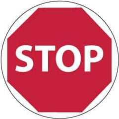 NMC - Stop, Anti-Skid Pressure-Sensitive Vinyl Floor Sign - Round, White on Red, Adhesive Backed, For Accident Prevention - Eagle Tool & Supply