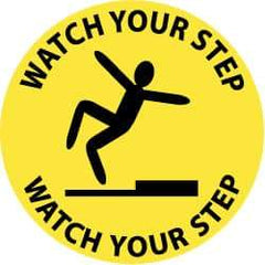 NMC - Watch Your Step, Anti-Skid Pressure-Sensitive Vinyl Floor Sign - Round, Black on Yellow, Adhesive Backed, For Accident Prevention - Eagle Tool & Supply