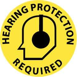 NMC - Hearing Protection Required, Anti-Skid Pressure-Sensitive Vinyl Floor Sign - Round, Black on Yellow, Adhesive Backed, For Accident Prevention - Eagle Tool & Supply