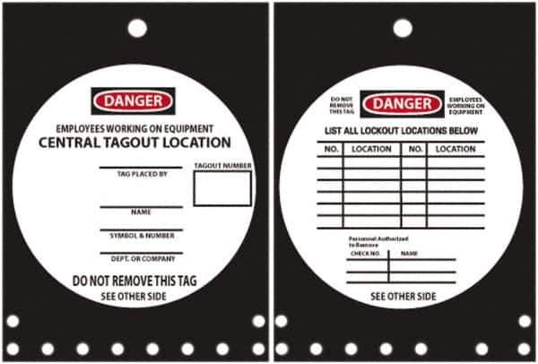 NMC - 10" High x 14" Long, DANGER - EMPLOYEES WORKING ON EQUIPMENT CENTRAL TAGOUT LOCATION, English Safety & Facility Lockout Tag - Tag Header: Danger, 2 Sides, Black, Red & White Rigid Plastic - Eagle Tool & Supply