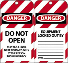 NMC - 3" High x 6" Long, DANGER - DO NOT OPEN - THIS TAG & LOCK TO BE REMOVED ONLY BY THE PERSON SHOWN ON BACK, English Safety & Facility Lockout Tag - Tag Header: Danger, 2 Sides, Black, Red & White Unrippable Vinyl - Eagle Tool & Supply