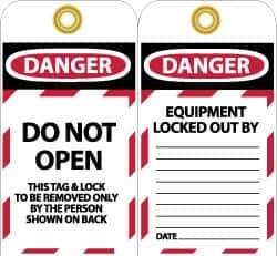 NMC - 3" High x 6" Long, DANGER - DO NOT OPEN - THIS TAG & LOCK TO BE REMOVED ONLY BY THE PERSON SHOWN ON BACK, English Safety & Facility Lockout Tag - Tag Header: Danger, 2 Sides, Black, Red & White Unrippable Vinyl - Eagle Tool & Supply