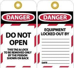 NMC - 3" High x 6" Long, DANGER - DO NOT OPEN - THIS TAG & LOCK TO BE REMOVED ONLY BY THE PERSON SHOWN ON BACK, English Safety & Facility Lockout Tag - Tag Header: Danger, 2 Sides, Black, Red & White Unrippable Vinyl - Eagle Tool & Supply