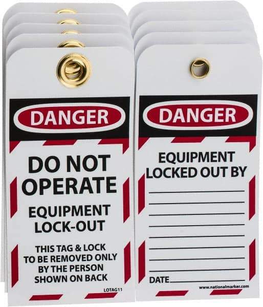 NMC - 3" High x 6" Long, DANGER - DO NOT OPERATE - EQUIPMENT LOCK-OUT - THIS TAG & LOCK TO BE REMOVED ONLY BY THE PERSON SHOWN ON BACK, English Safety & Facility Lockout Tag - Tag Header: Danger, 2 Sides, Black, Red & White Unrippable Vinyl - Eagle Tool & Supply