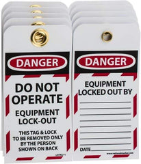 NMC - 3" High x 6" Long, DANGER - DO NOT OPERATE - EQUIPMENT LOCK-OUT - THIS TAG & LOCK TO BE REMOVED ONLY BY THE PERSON SHOWN ON BACK, English Safety & Facility Lockout Tag - Tag Header: Danger, 2 Sides, Black, Red & White Unrippable Vinyl - Eagle Tool & Supply