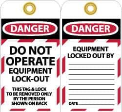 NMC - 3" High x 6" Long, DANGER - DO NOT OPERATE - EQUIPMENT LOCK-OUT - THIS TAG & LOCK TO BE REMOVED ONLY BY THE PERSON SHOWN ON BACK, English Safety & Facility Lockout Tag - Tag Header: Danger, 2 Sides, Black, Red & White Unrippable Vinyl - Eagle Tool & Supply