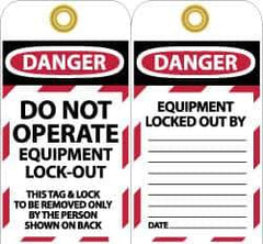 NMC - 3" High x 6" Long, DANGER - DO NOT OPERATE - EQUIPMENT LOCK-OUT - THIS TAG & LOCK TO BE REMOVED ONLY BY THE PERSON SHOWN ON BACK, English Safety & Facility Lockout Tag - Tag Header: Danger, 2 Sides, Black, Red & White Unrippable Vinyl - Eagle Tool & Supply