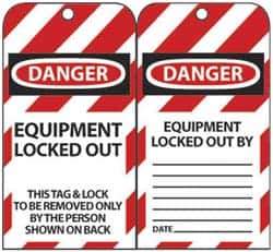 NMC - 3" High x 6" Long, DANGER - EQUIPMENT LOCKED OUT - THIS TAG & LOCK TO BE REMOVED ONLY BY THE PERSON SHOWN ON BACK, English Safety & Facility Lockout Tag - Tag Header: Danger, 2 Sides, Black, Red & White Unrippable Vinyl - Eagle Tool & Supply