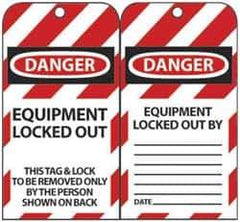 NMC - 3" High x 6" Long, DANGER - EQUIPMENT LOCKED OUT - THIS TAG & LOCK TO BE REMOVED ONLY BY THE PERSON SHOWN ON BACK, English Safety & Facility Lockout Tag - Tag Header: Danger, 2 Sides, Black, Red & White Unrippable Vinyl - Eagle Tool & Supply