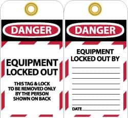 NMC - 3" High x 6" Long, DANGER - EQUIPMENT LOCKED OUT - THIS TAG & LOCK TO BE REMOVED ONLY BY THE PERSON SHOWN ON BACK, English Safety & Facility Lockout Tag - Tag Header: Danger, 2 Sides, Black, Red & White Unrippable Vinyl - Eagle Tool & Supply