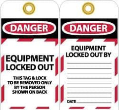 NMC - 3" High x 6" Long, DANGER - EQUIPMENT LOCKED OUT - THIS TAG & LOCK TO BE REMOVED ONLY BY THE PERSON SHOWN ON BACK, English Safety & Facility Lockout Tag - Tag Header: Danger, 2 Sides, Black, Red & White Unrippable Vinyl - Eagle Tool & Supply