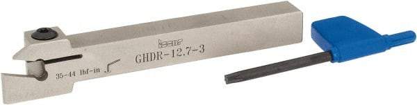 Iscar - External Thread, 0.33" Max Depth of Cut, 0.11" Min Groove Width, 4-1/2" OAL, Right Hand Indexable Grooving Cutoff Toolholder - 1/2" Shank Height x 1/2" Shank Width, GI.., GPV.., TIP.. Insert Style, GHD Toolholder Style, Series Cut Grip - Eagle Tool & Supply