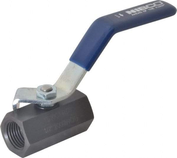 NIBCO - 1/2" Pipe, Carbon Steel Standard Ball Valve - 1 Piece, Inline - One Way Flow, FNPT x FNPT Ends, Lever Handle, 2,000 WOG - Eagle Tool & Supply
